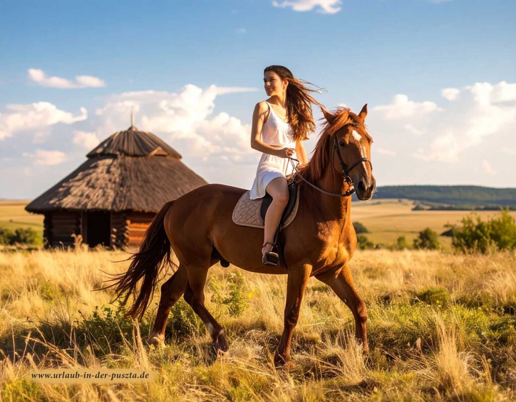 Urlauber reitet in der Hortobágy Puszta wie ein Csikós bei Sonnenschein.