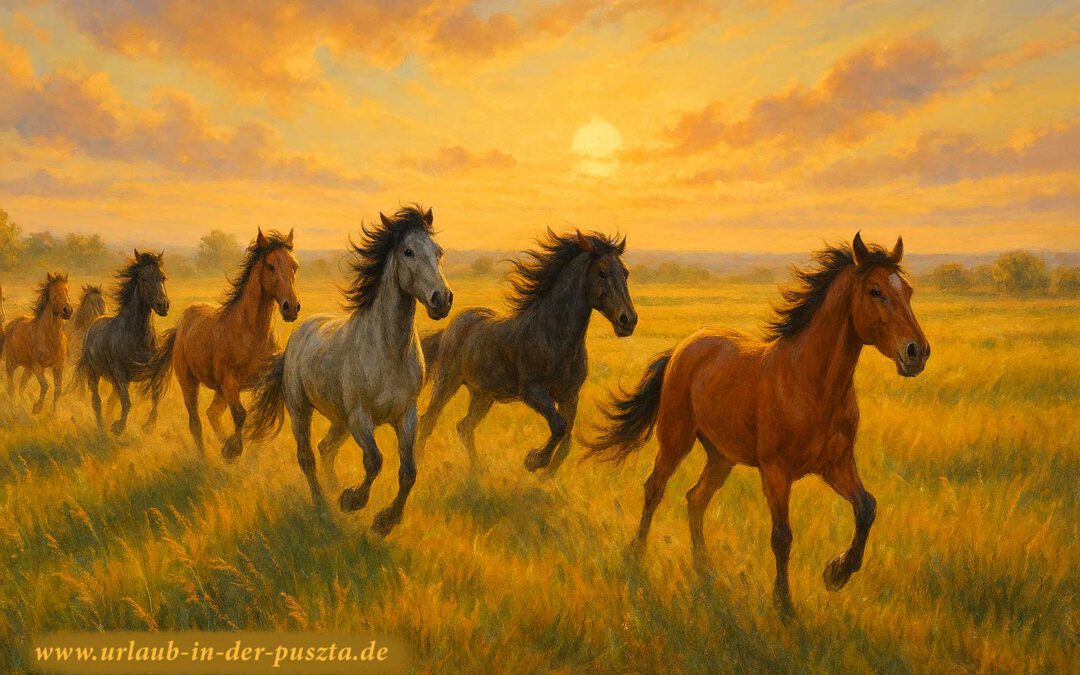 Eine Herde wilder Pferde galoppiert durch die ungarische Puszta im goldenen Licht des Sonnenuntergangs.